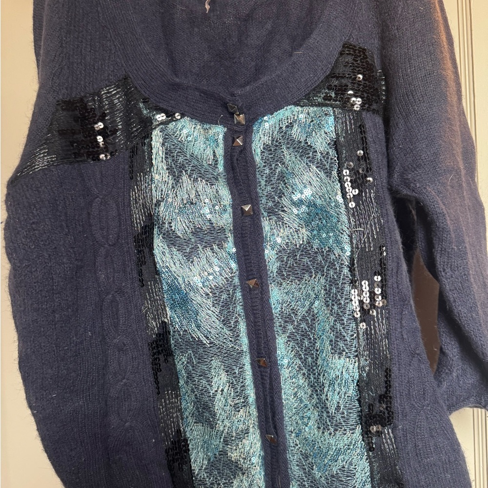 Free People Navy and Teal Sequin Cardigan